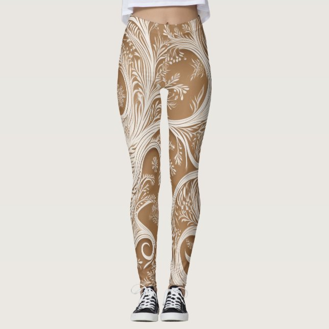 Elegant Intricate White Design on Tan Leggings  (Front)