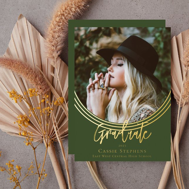 Elegant Inverted Arch Script Graduate Photo Green (Inverted Arch Trendy Script Graduate Photo Green Foil Announcement)