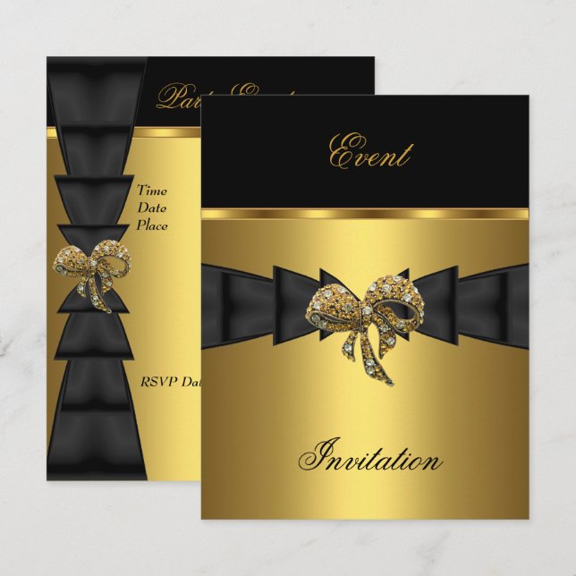 Elegant Invitation Black Gold Bow Jewel (Front/Back)