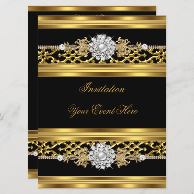 Elegant Invitation Black Lace Gold Jewel (Front/Back)