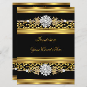 Elegant Invitation Black Lace Gold Jewel