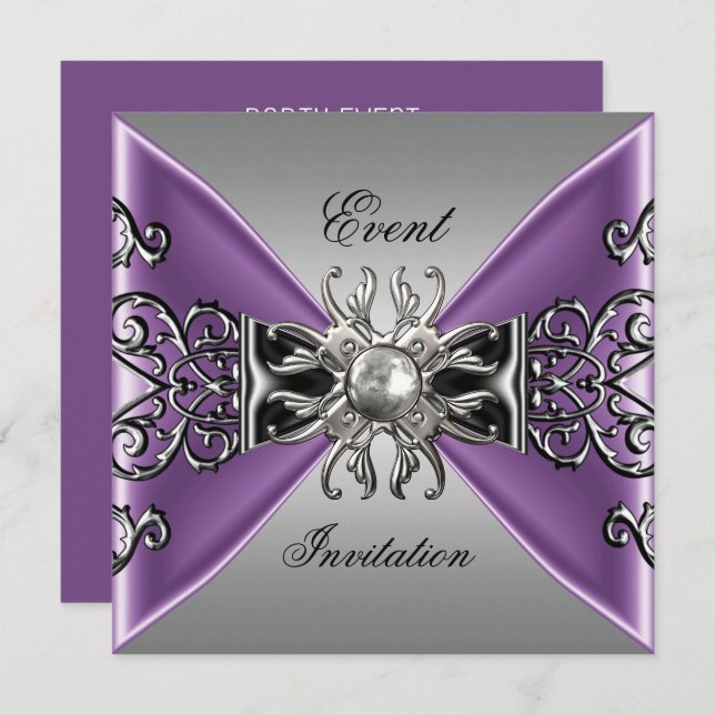 Elegant Invitation Mauve Purple Jewel Silver Black (Front/Back)