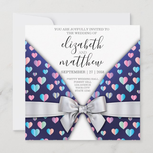 Elegant Invitation Postcard Bow and Heart Speckles (Front)