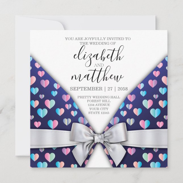 Elegant Invitation Postcard Bow and Heart Speckles (Front)