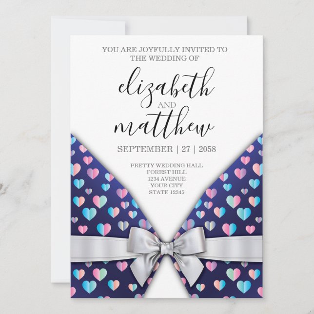 Elegant Invitation Postcard Bow and Heart Speckles (Front)