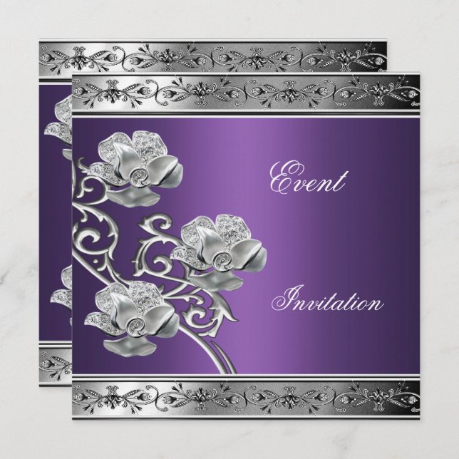 Elegant Invitation Purple Silver Floral Jewel (Front/Back)