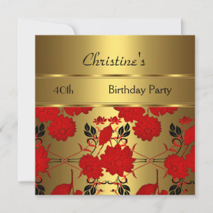 Elegant Invite 40th Birthday Party Gold Red Floral