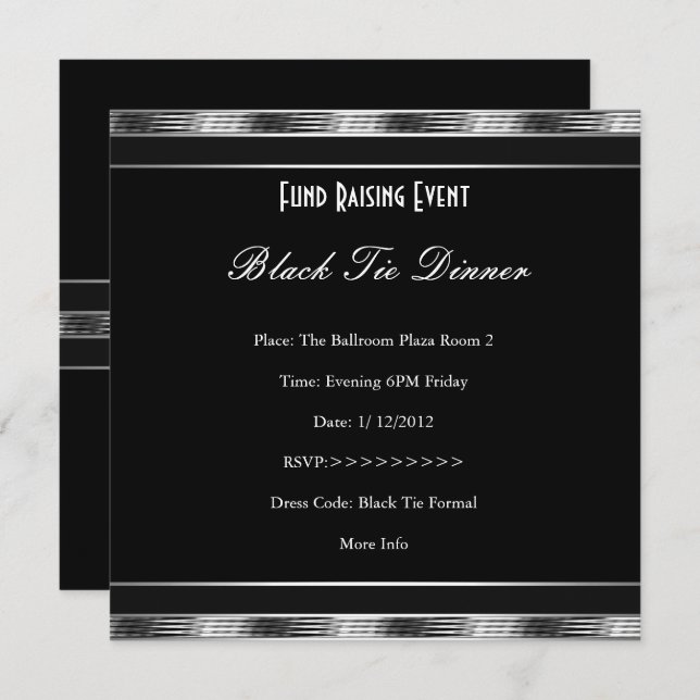 Elegant Invite Fundraiser Formal Silver Black Tie (Front/Back)