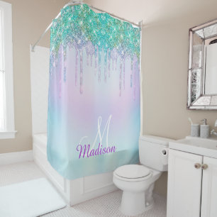 Elegant Iridescent blue glitter drips monogram  Shower Curtain