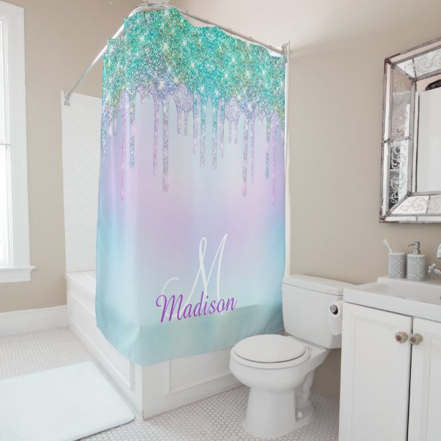 Elegant Iridescent blue glitter drips monogram  Shower Curtain (In Situ)