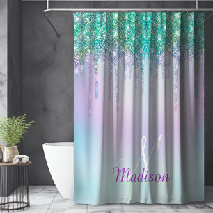 Elegant Iridescent blue glitter drips monogram Shower Curtain