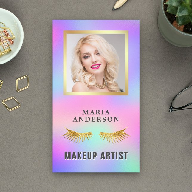 Elegant Iridescent Holographic Makeup Artist Photo Business Card (Creator Uploaded)