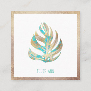 Elegant Iridescent Monstera Leaves, Turquoise+Gold Square Business Card