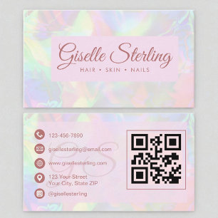Elegant Iridescent Opal Stone Rose Script QR Code Business Card