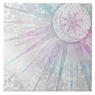 Elegant Iridescent Sun Moon Mandala Silver Design Ceramic Tile