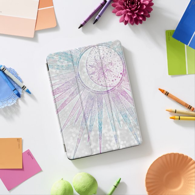 Elegant Iridescent Sun Moon Mandala Silver Design iPad Pro Cover (Desk)
