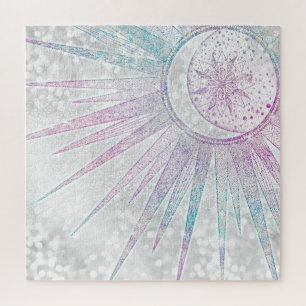 Elegant Iridescent Sun Moon Mandala Silver Design Jigsaw Puzzle