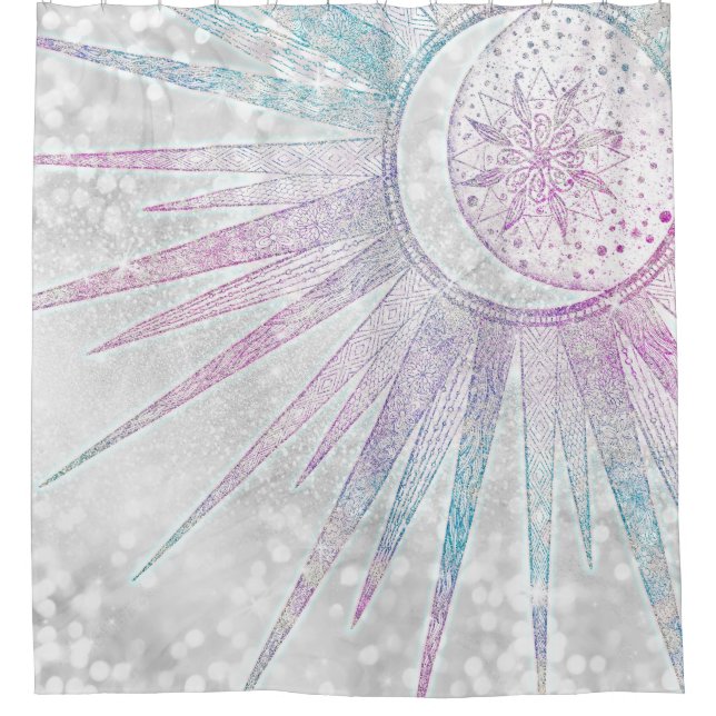 Elegant Iridescent Sun Moon Mandala Silver Design Shower Curtain (Front)