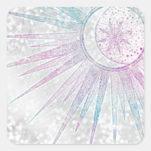Elegant Iridescent Sun Moon Mandala Silver Design Square Sticker