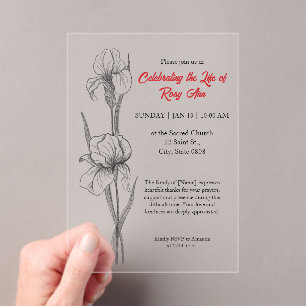 Elegant Iris "Celebrating the Life" Funeral Acrylic Invitations