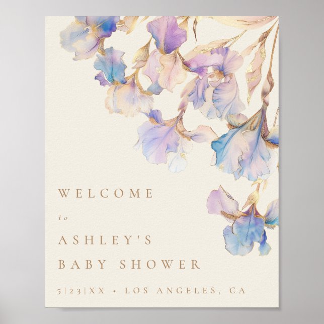 Elegant Iris Floral Baby Shower Welcome Sign (Front)