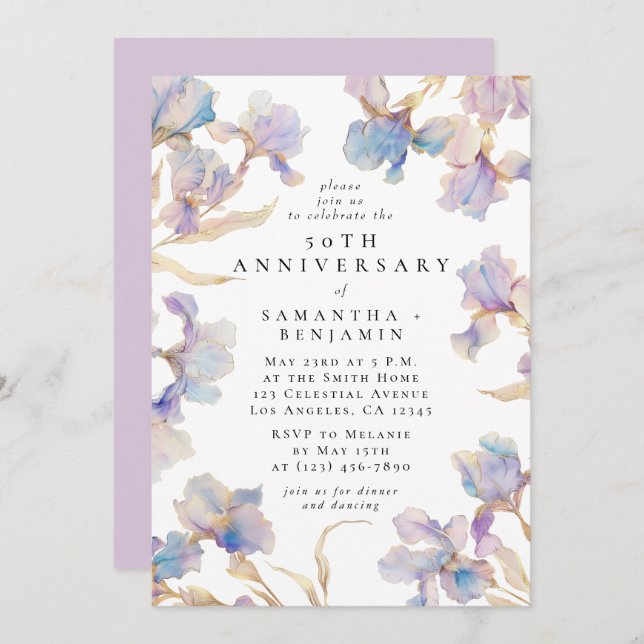 Elegant Iris Floral Watercolor Anniversary Party Invitation (Front/Back)