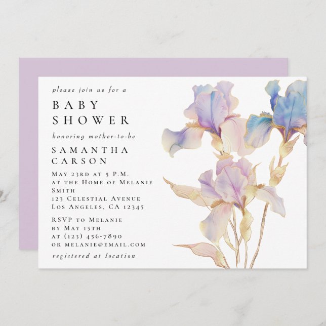 Elegant Iris Floral Watercolor Baby Shower Invitation (Front/Back)