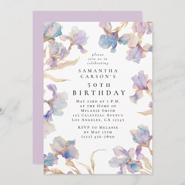 Elegant Iris Floral Watercolor Birthday Party Invitation (Front/Back)