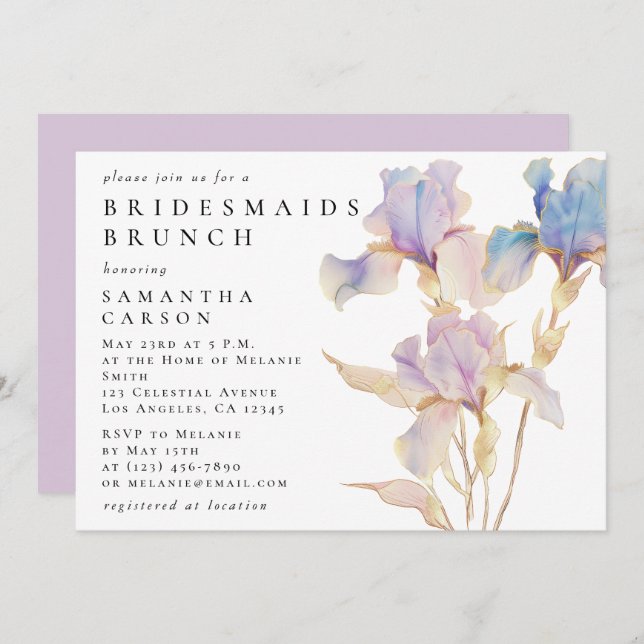 Elegant Iris Floral Watercolor Bridesmaids Brunch Invitation (Front/Back)