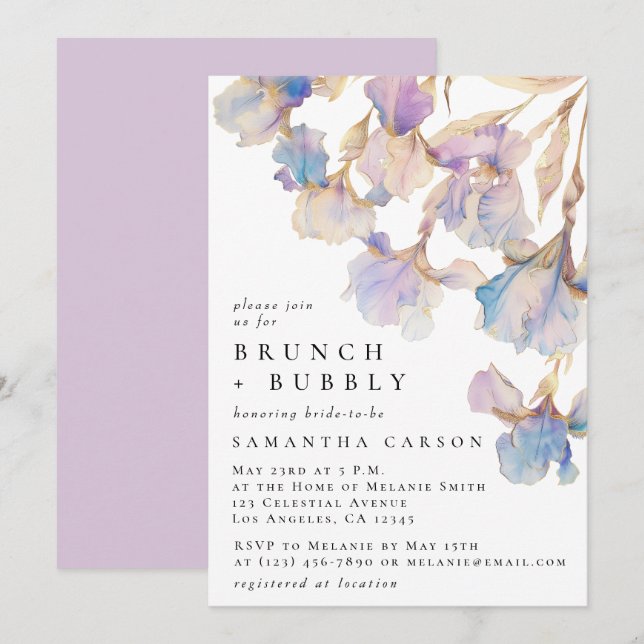 Elegant Iris Floral Watercolor Brunch and Bubbly Invitation (Front/Back)