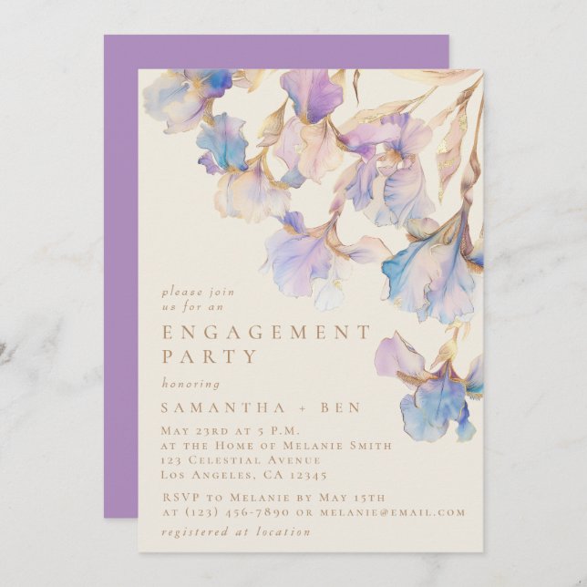 Elegant Iris Floral Watercolor Engagement Party Invitation (Front/Back)