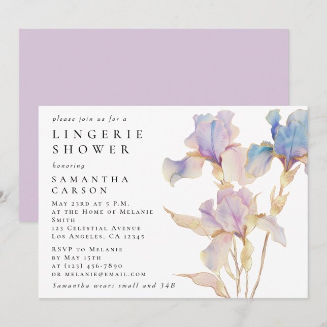 Elegant Iris Floral Watercolor Lingerie Shower Invitation (Front/Back)