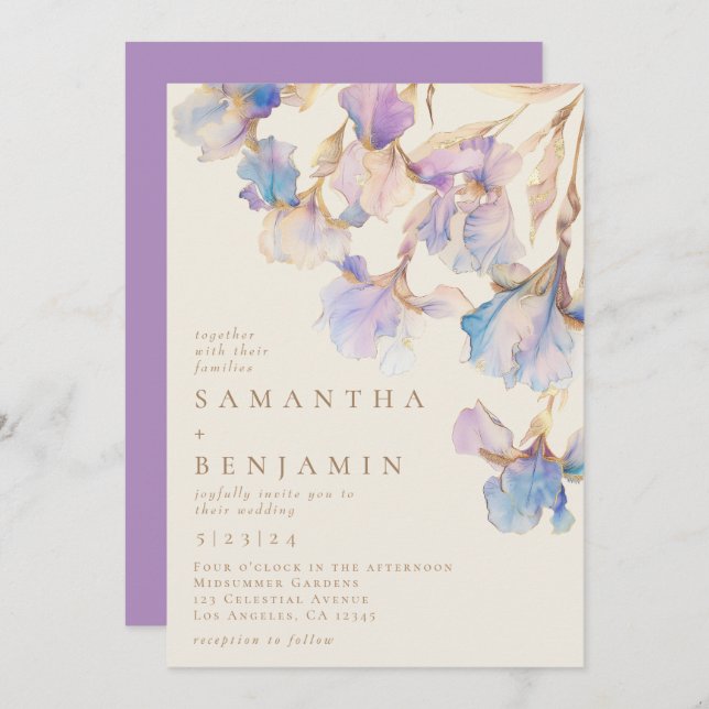 Elegant Iris Floral Watercolor Wedding Invitation (Front/Back)