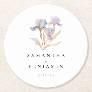 Elegant Iris Floral Watercolor Wedding Round Paper Coaster