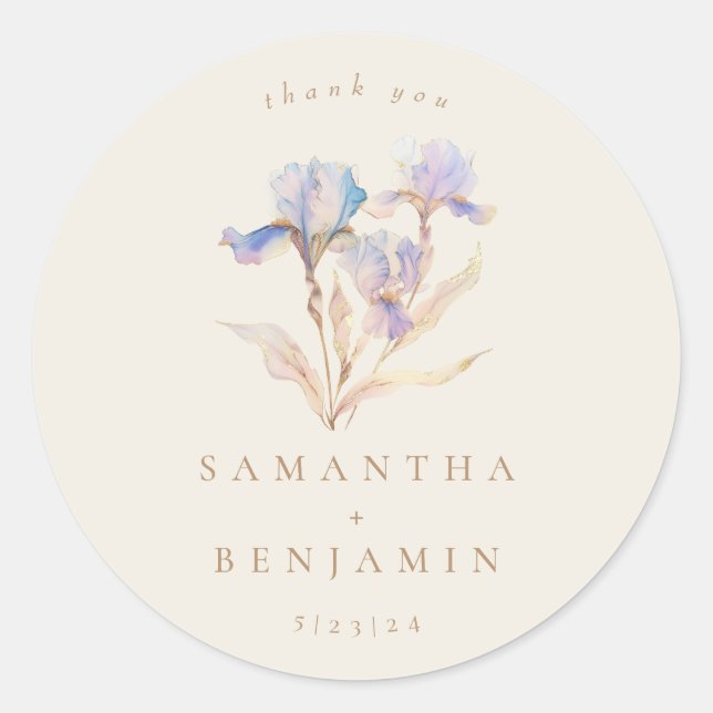 Elegant Iris Floral Wedding Classic Round Sticker (Front)
