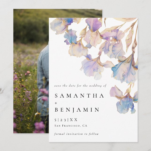 Elegant Iris Floral Wedding Photo Save The Date (Front/Back)
