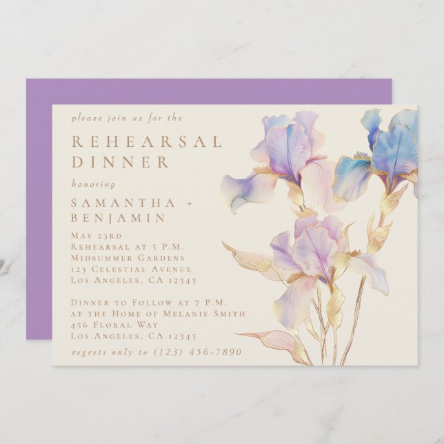 Elegant Iris Floral Wedding Rehearsal Dinner Invitation (Front/Back)