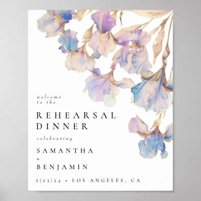 Elegant Iris Floral Wedding Rehearsal Dinner Poster (Front)
