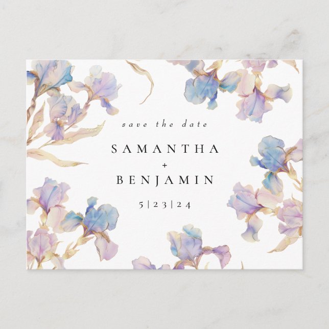 Elegant Iris Floral Wedding Save the Date Postcard (Front)