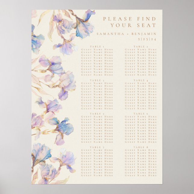 Elegant Iris Floral Wedding Seating Chart (Front)