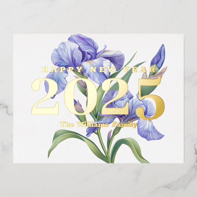 Elegant Iris Flower Happy New Year 2025 Gold Foil Holiday Postcard (Front)