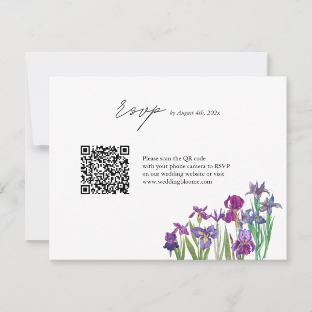 Elegant  Iris flower QR code wedding RSVP Card (Front)