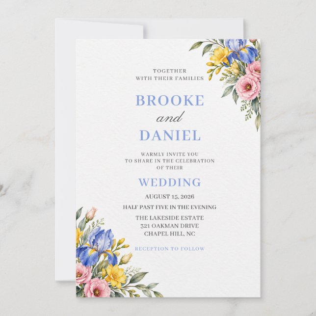 Elegant Iris Freesia Spring Wedding Invitation (Front)