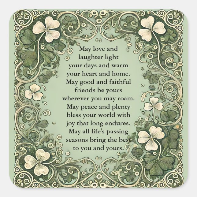 Elegant Irish Blessing with Celtic Shamrock Border Square Sticker (Front)