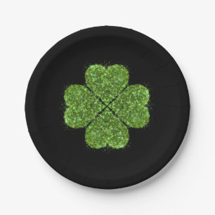 Elegant Irish green glittering 4 leaf clover Paper Plate
