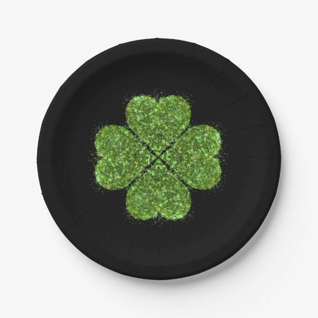 Elegant Irish green glittering 4 leaf clover Paper Plate (Front)