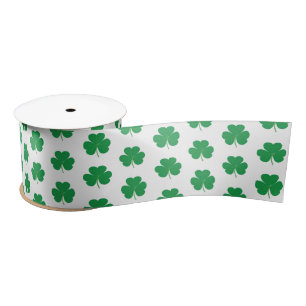 Elegant Irish Shamrock Clover Pattern Green White Satin Ribbon