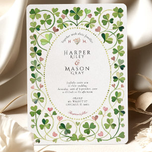 Elegant Irish Shamrock & Hearts Watercolor Wedding Invitation