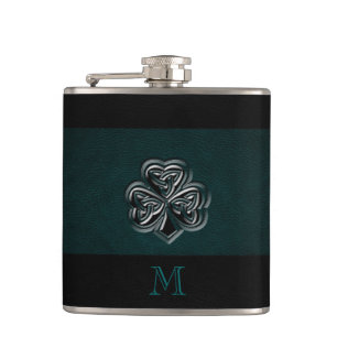 Elegant Irish shamrock leather look monogram Hip Flask