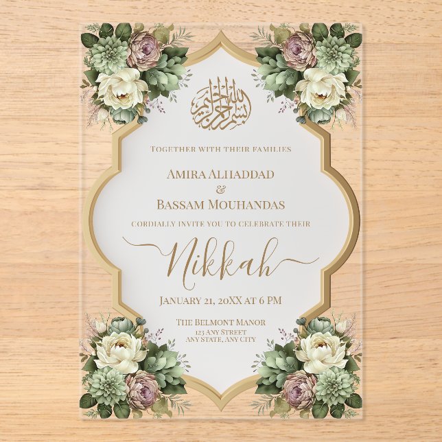 Elegant Islamic Floral Nikkah Acrylic Invitations (Front)